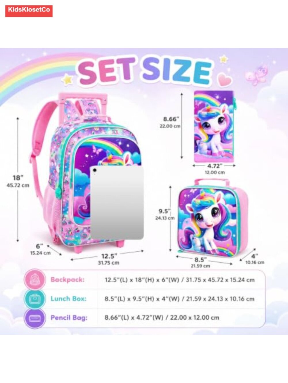 3PCS Rolling Backpack for Girls, Kids Wheeled Bookbag with Lunch Bag & Pencil - Picture 4 of 6